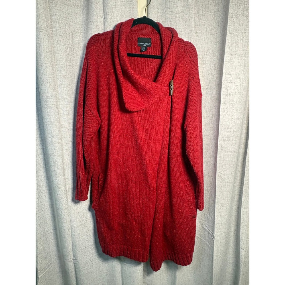 Cynthia Rowley Woman Red Wool Blend Cowl Neck Toggle Wrap Cardigan Sweater 2X